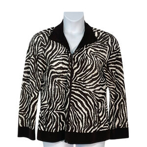 Chico's Sz 2 12-14 L Zip-Up Track Jacket Bomber Style Burnout Zebra Print Brown